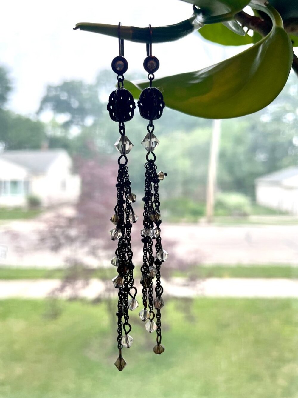 Dangling Gunmetal Tassel Chain and Crystal Earrings